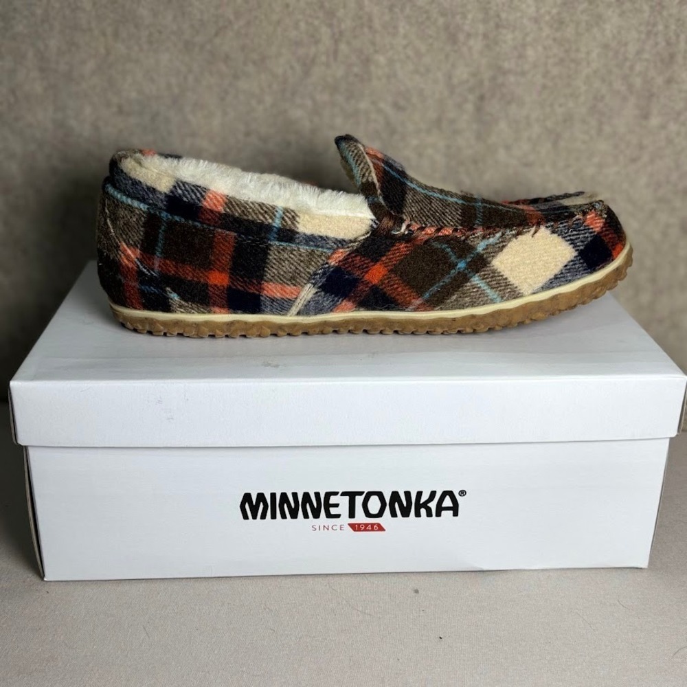 Minnetonka Tempe Slippers Womens 10 Brown Plaid Fabric Faux Fur Moccasin Classic